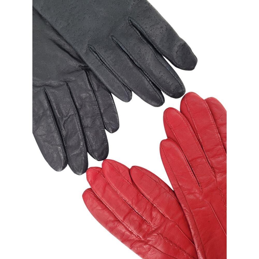 Fownes Red Leather Gloves Plus Black Pair Vintage Acrylic Lined Statement